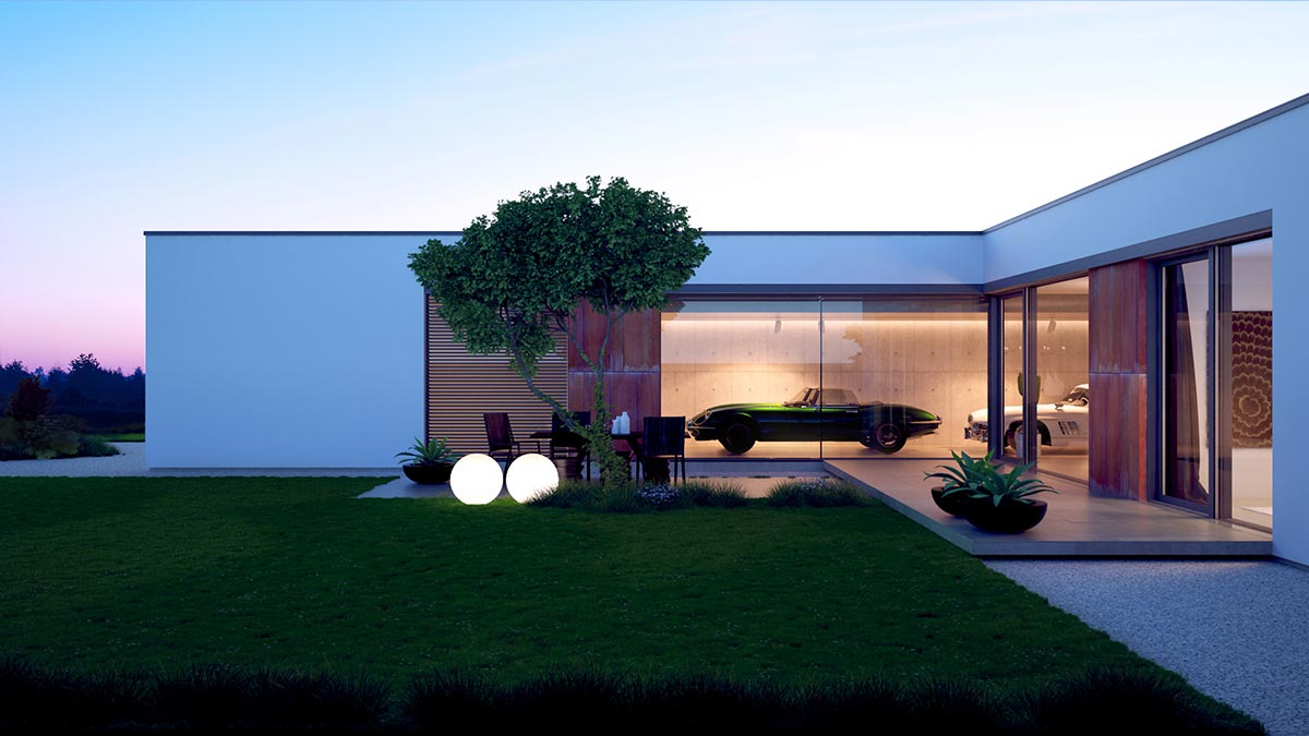 Vizualizace rodinného domu v Třebosicích s pohledem na galerii automobilů - veteránů