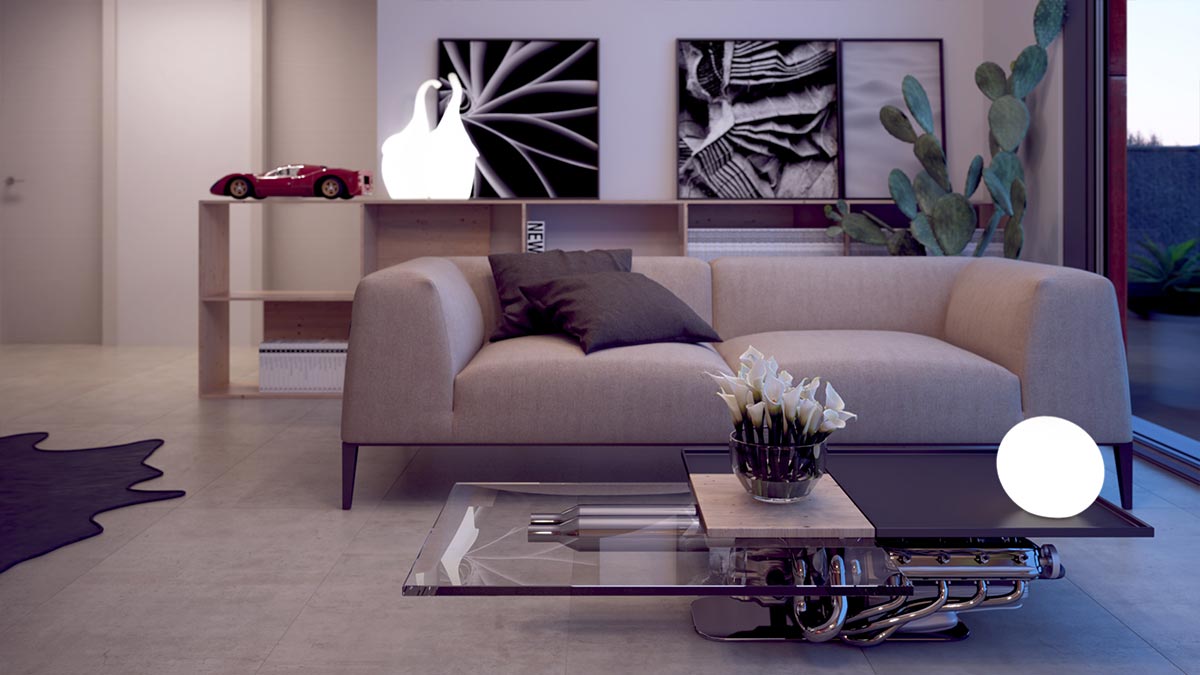 3D návrh obývacího pokoje s designem konferenčního stolku s motivem motoru