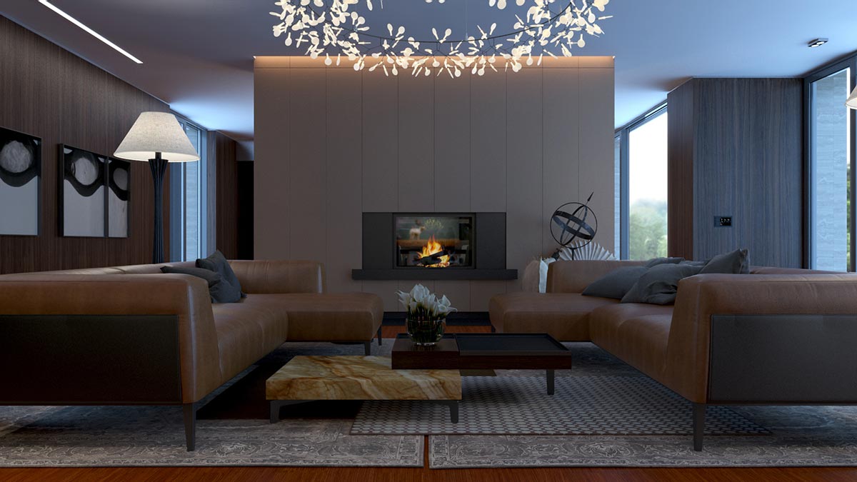 Vizualizace sedací soupravy s krbem