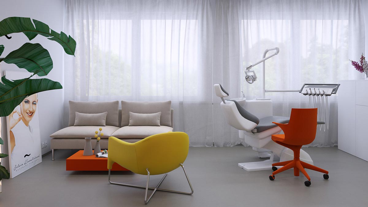 3D vizualizace ordinace se zubařským křeslem
