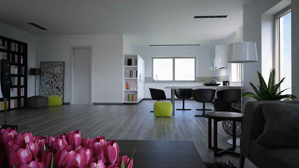 3D pohled z obývacího pokoje do kuchyně