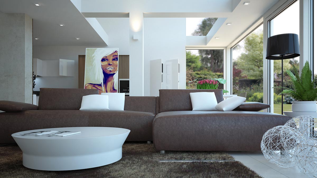 3D render sezení v obývacím pokoji