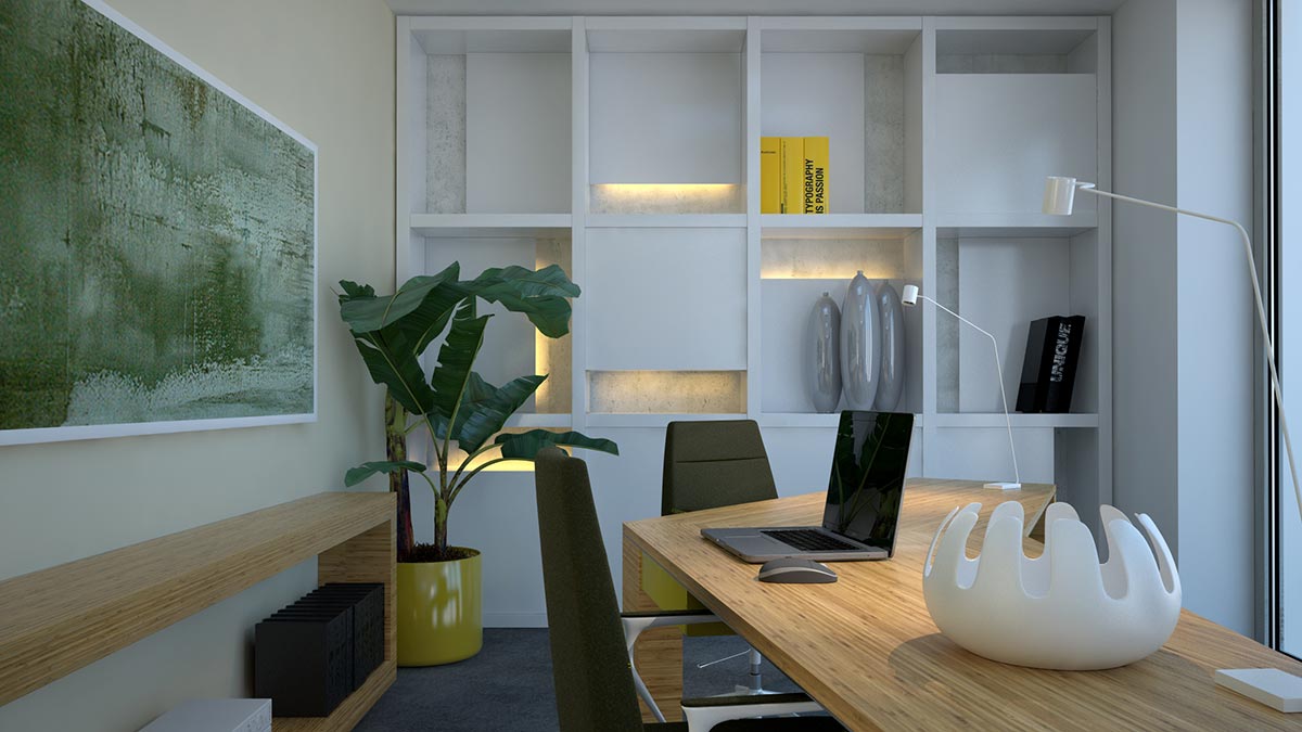 3D vizualizace kanceláře s designem knihovny