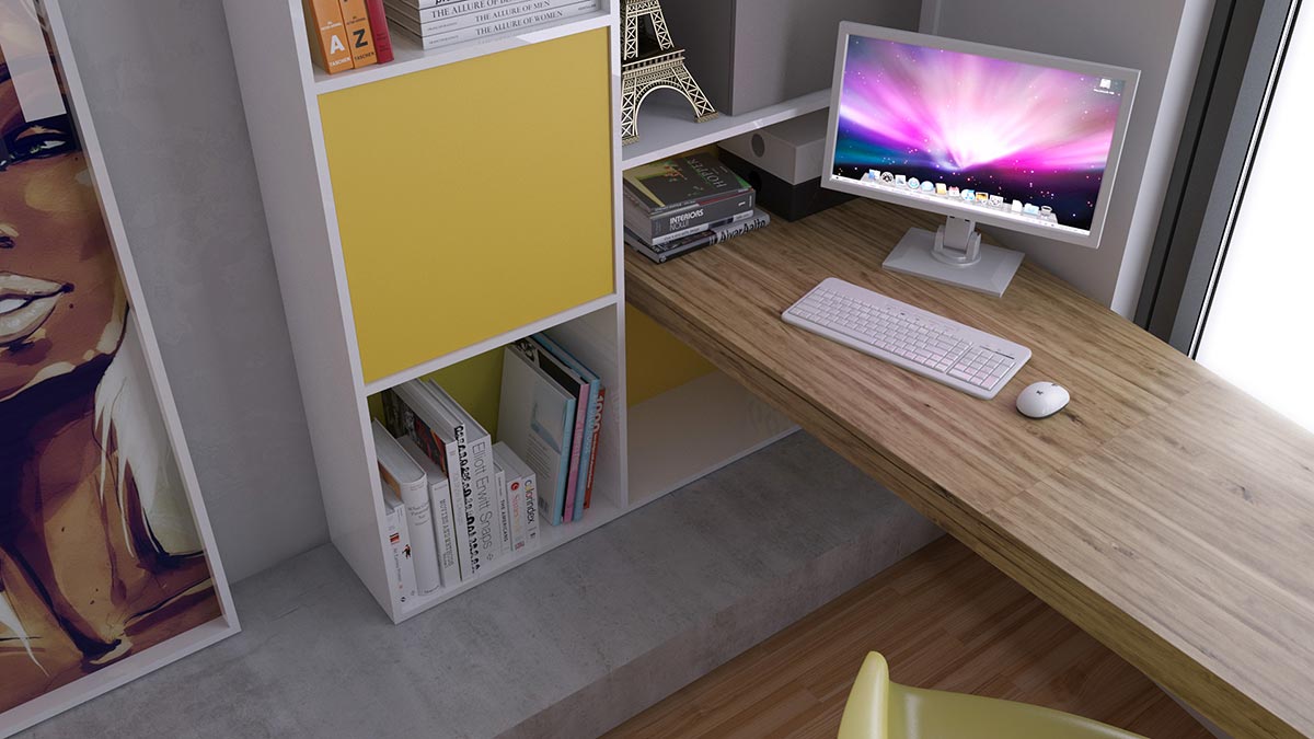 Vizualizace detailu pracovního stolu s knihovnou