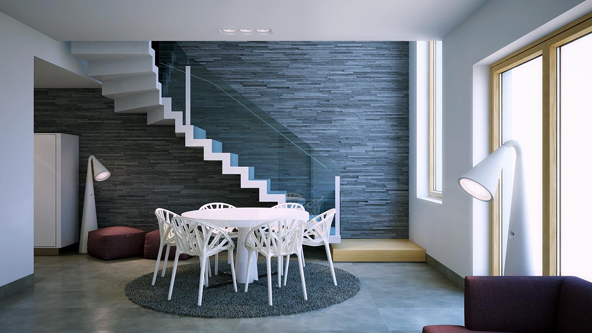 Celkový pohled na schodiště s jídelním stolem - 3d vizualizace