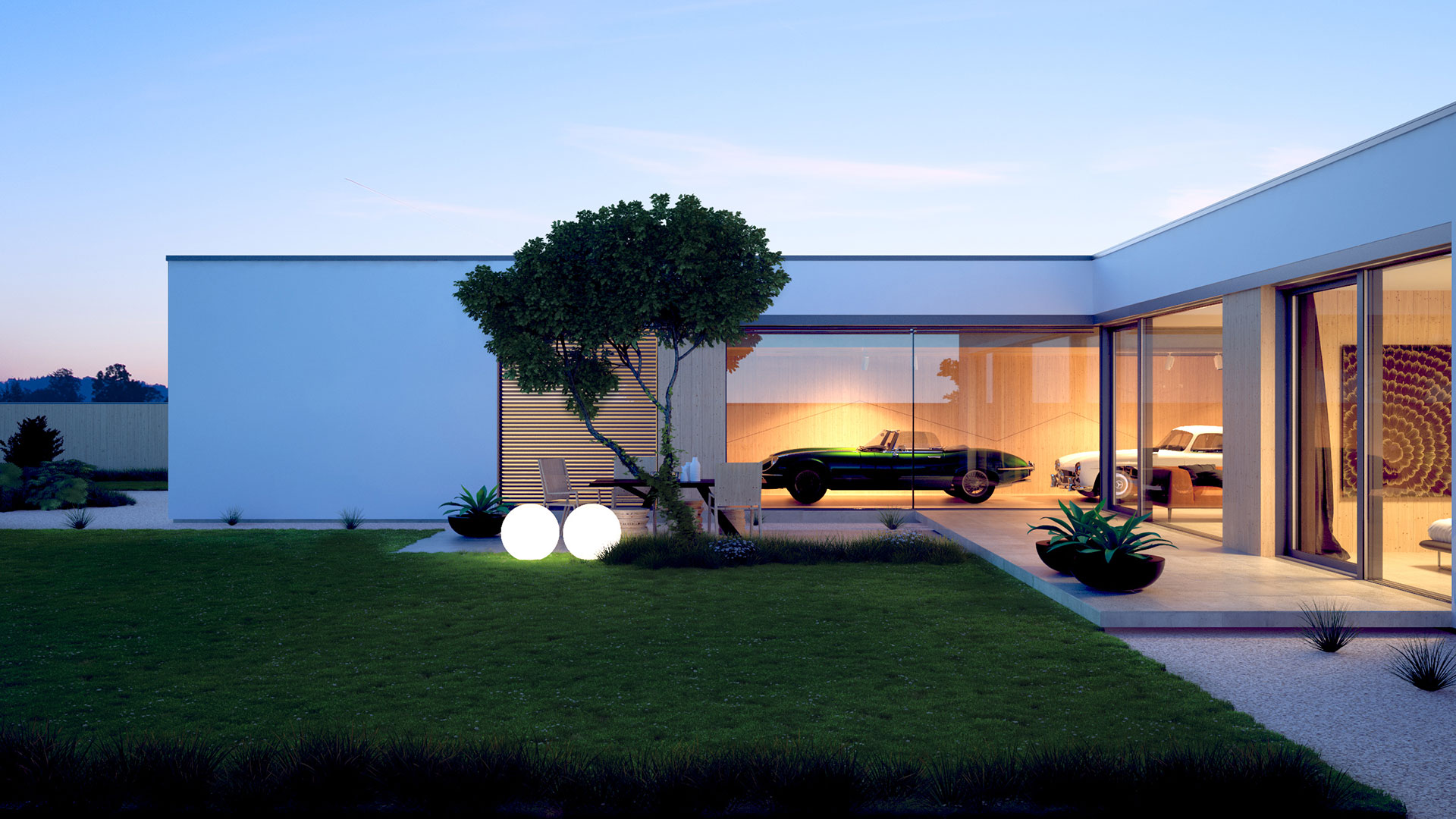 3D render rodinného domu s galerií pro automobily - veterány